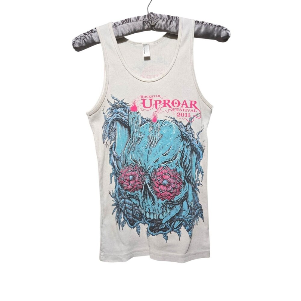Rockstar Uproar Festival 2011 Ribbed White Tank Skull Graphic Tee Pink Blue  Lg